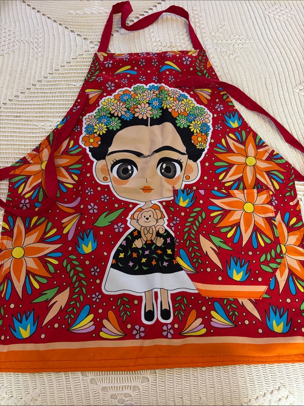 Frida Kahlo Red Floral Cotton Apron